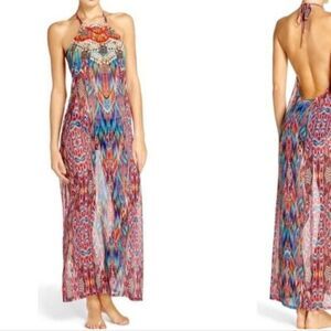 Laundry by Shelli Segal maxi swim cover, colorful tribal print, sheer M